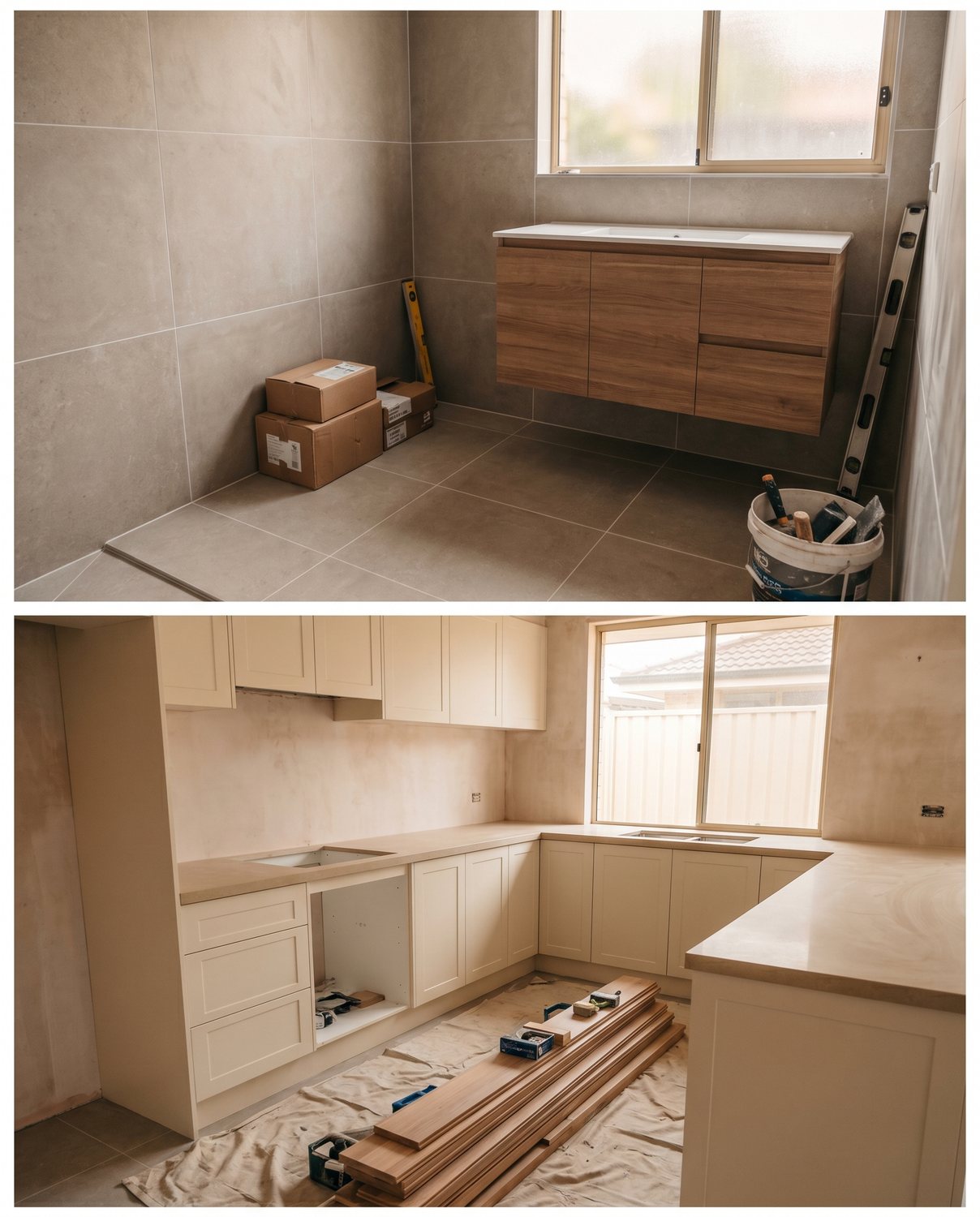 The same bathroom retiled with large-format porcelain