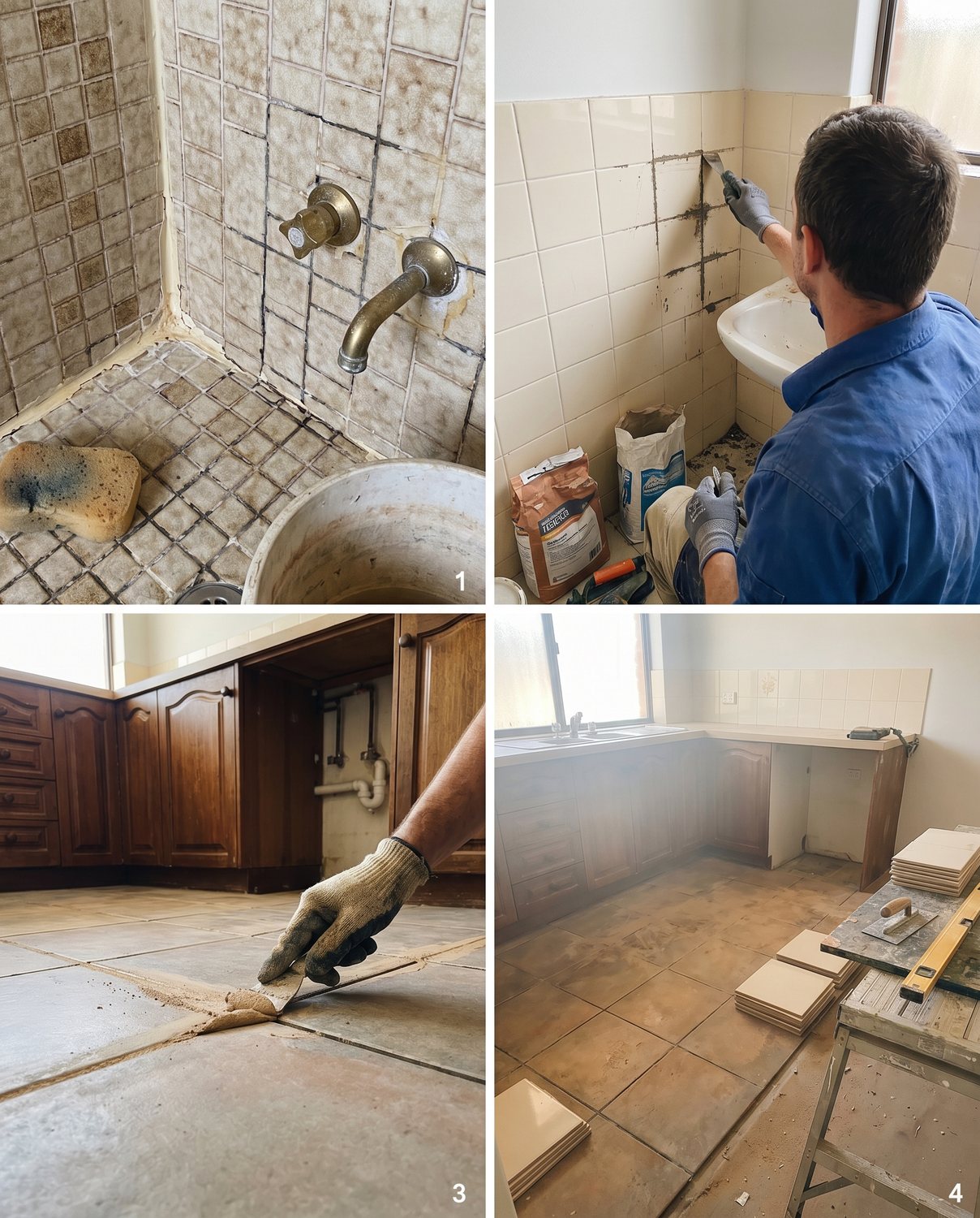 A tired bathroom with cracked grout and dated tile