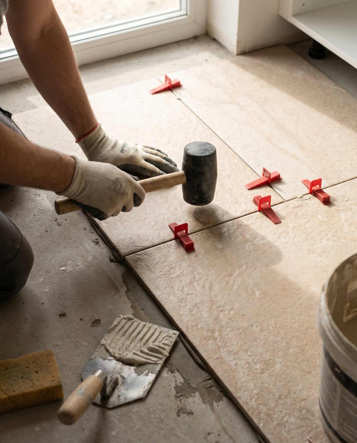 Large-format porcelain being laid on a kitchen floor