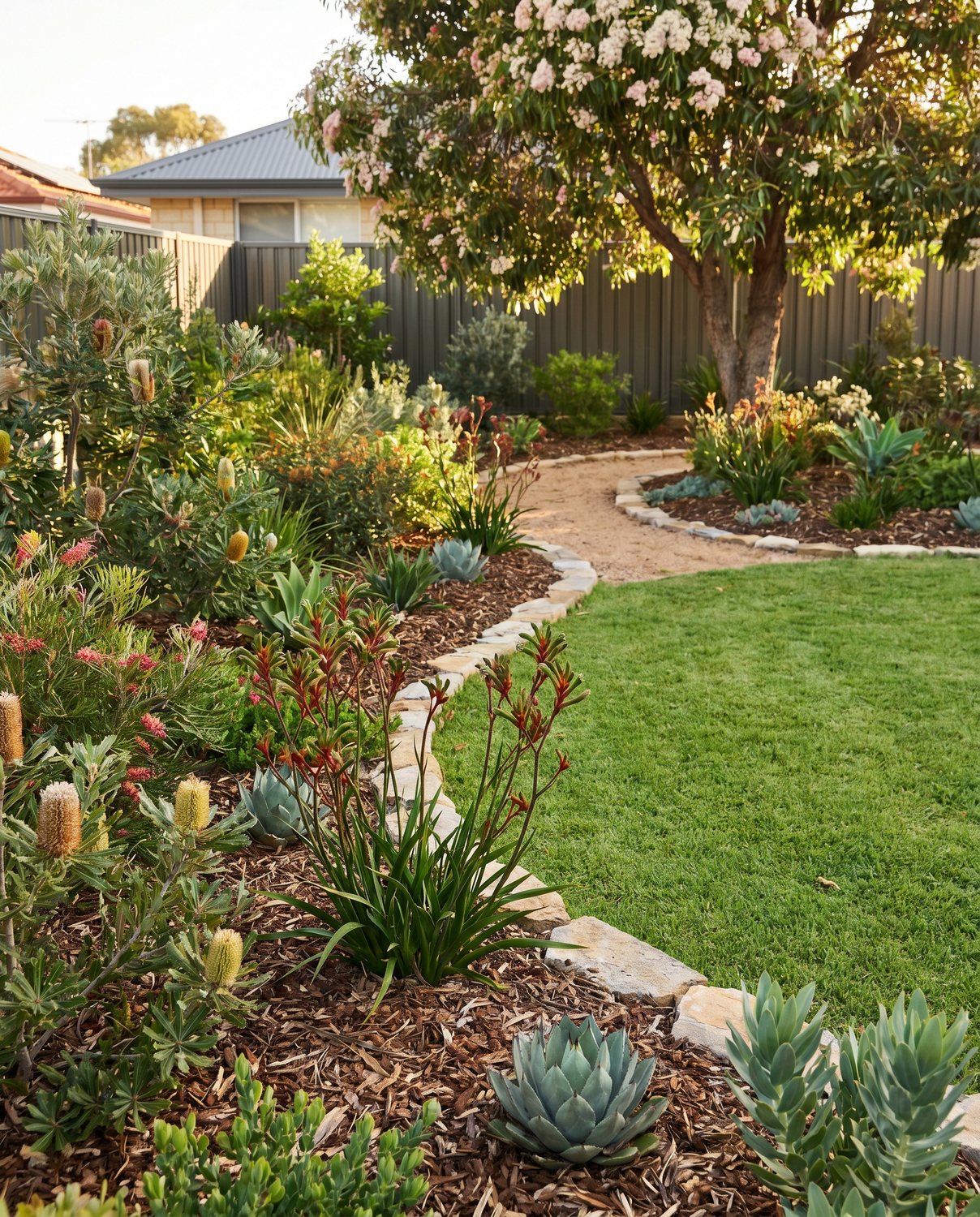 The same backyard transformed into a landscaped garden with lawn and planting