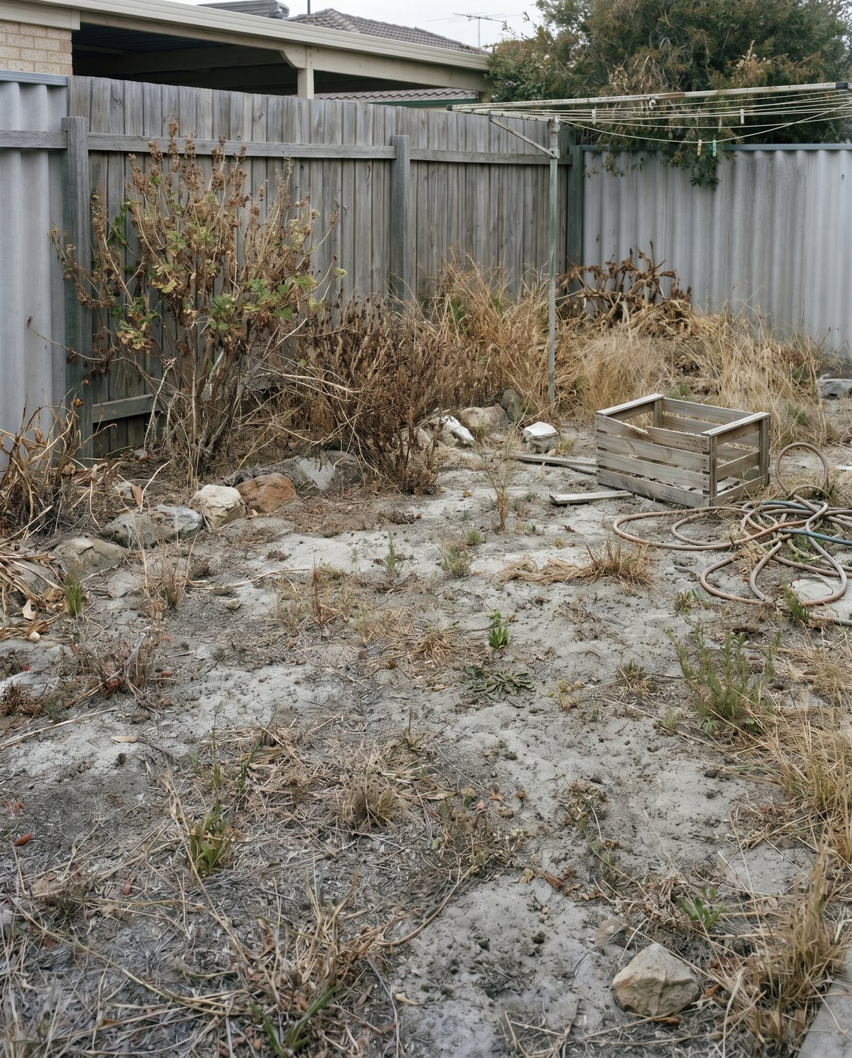 A bare, sandy, weedy Perth backyard before landscaping