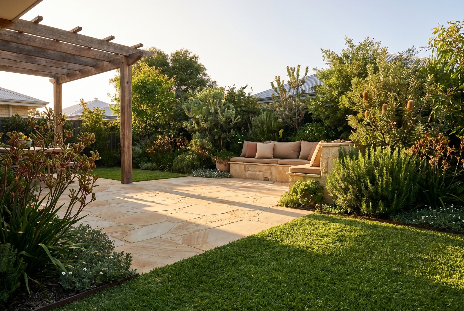 A finished paved outdoor entertaining area surrounded by greenery