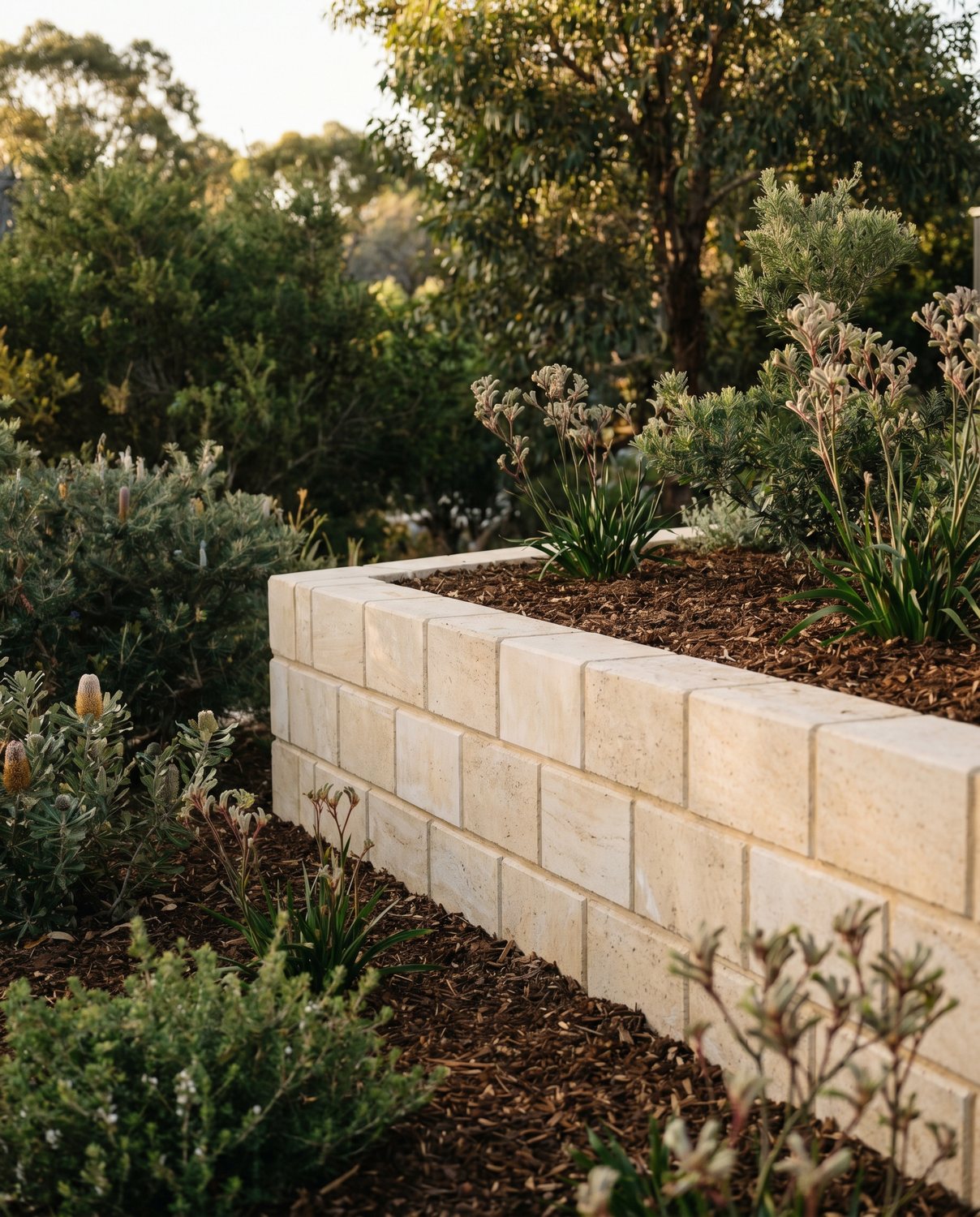 A tidy limestone retaining wall with new planting