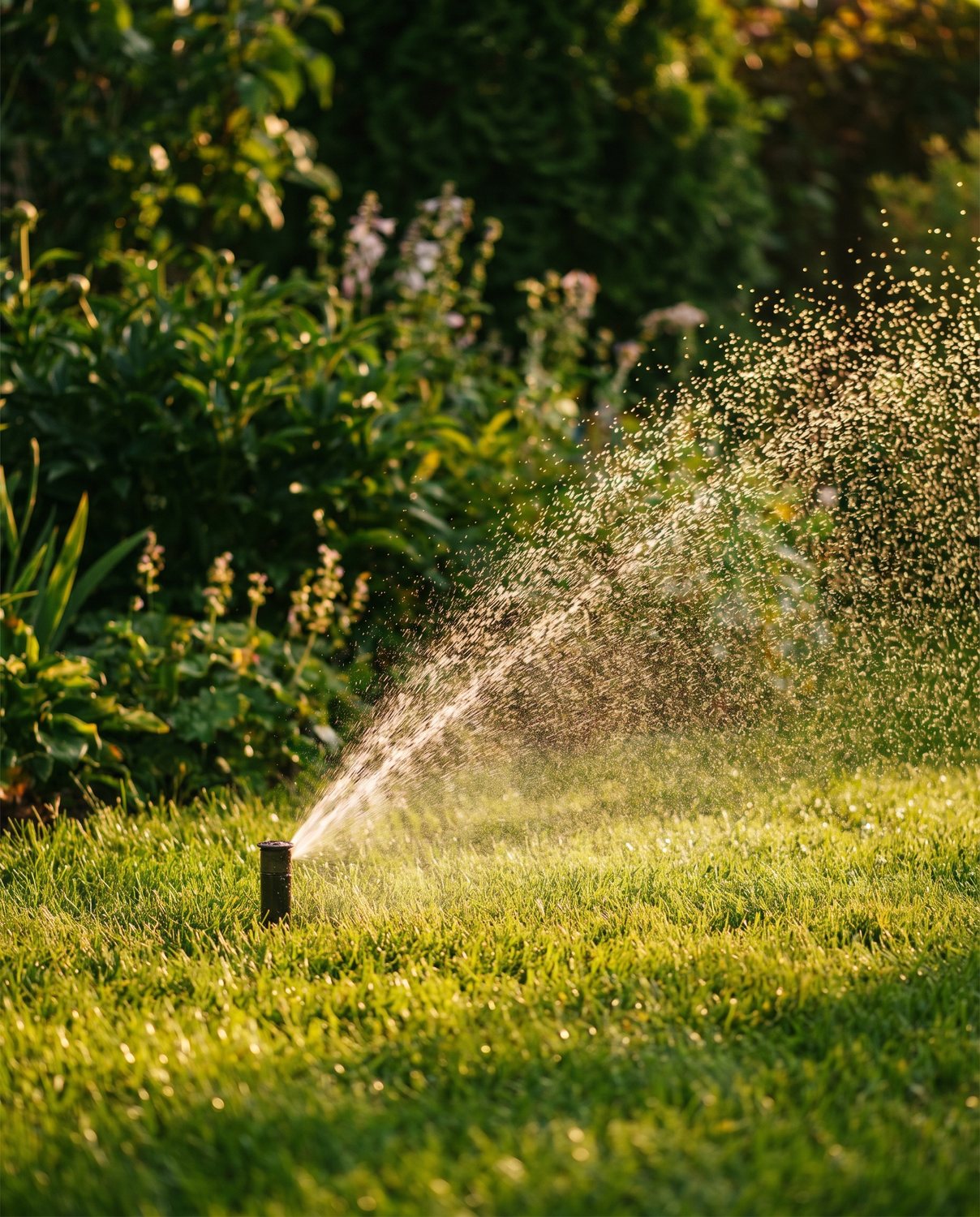 A pop-up sprinkler watering a healthy green lawn