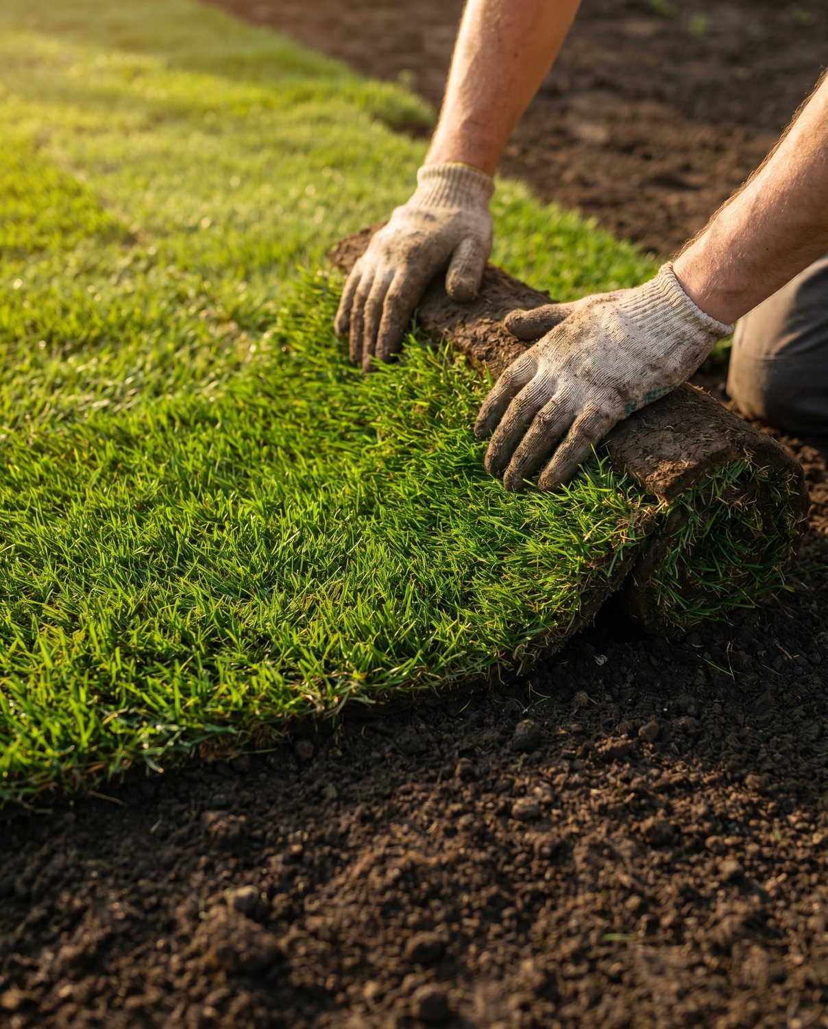 Fresh roll-on lawn turf being laid over prepared soil