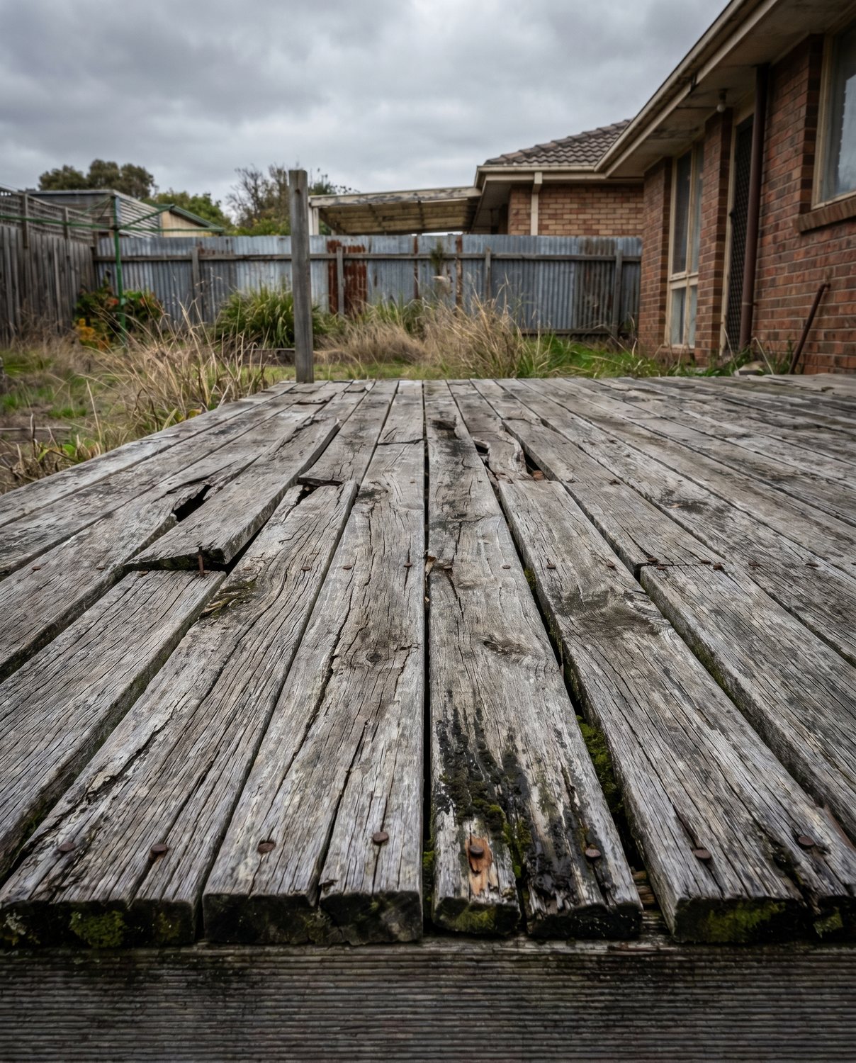 A worn, weathered grey timber deck before rebuild