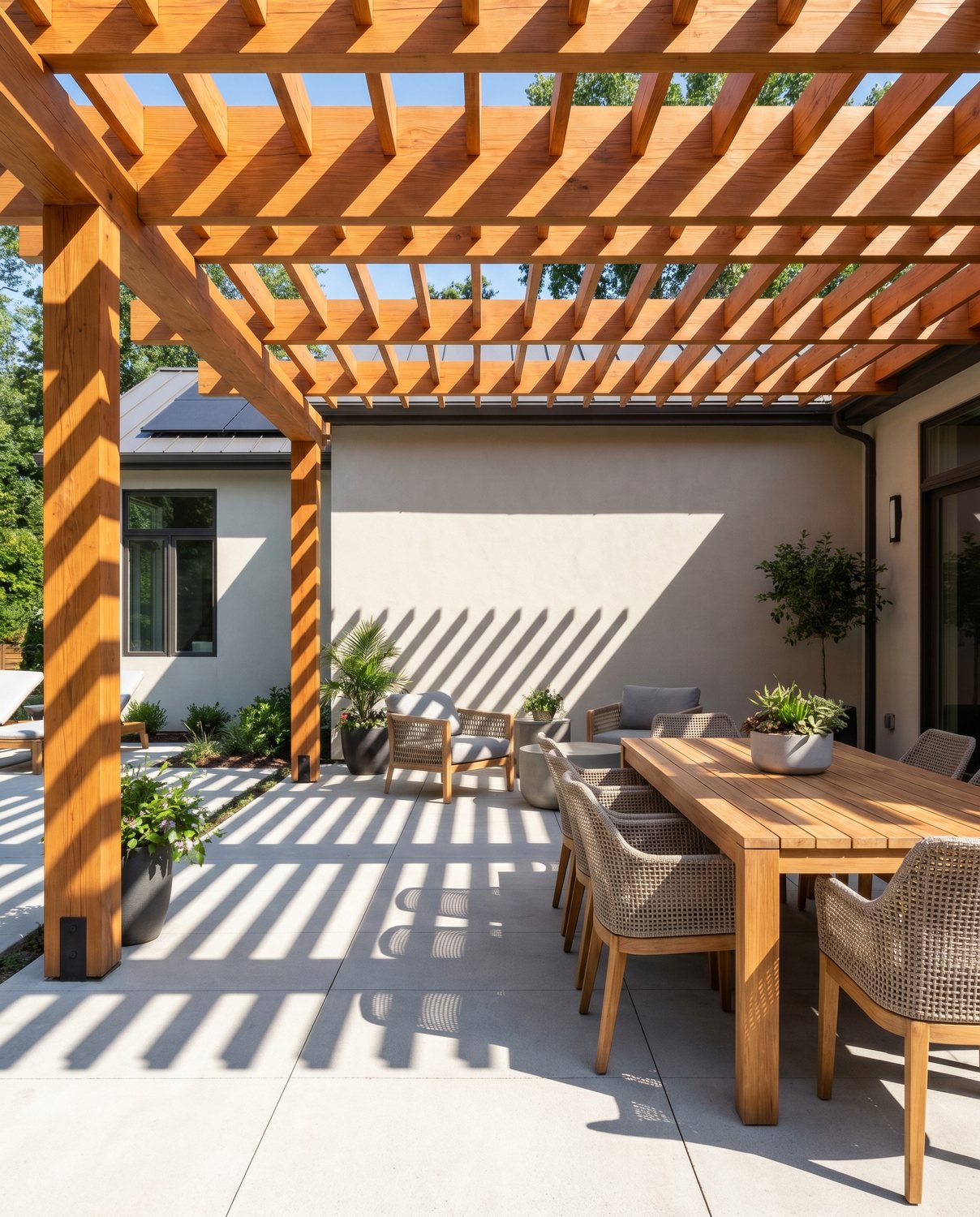 A finished timber pergola over an outdoor area