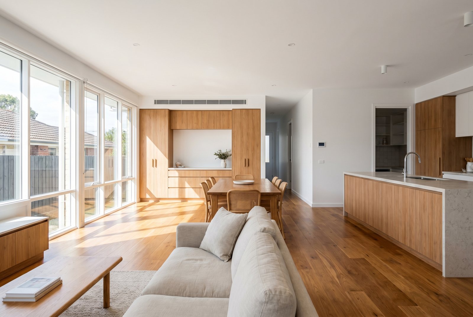 A renovated open interior with new timber and joinery