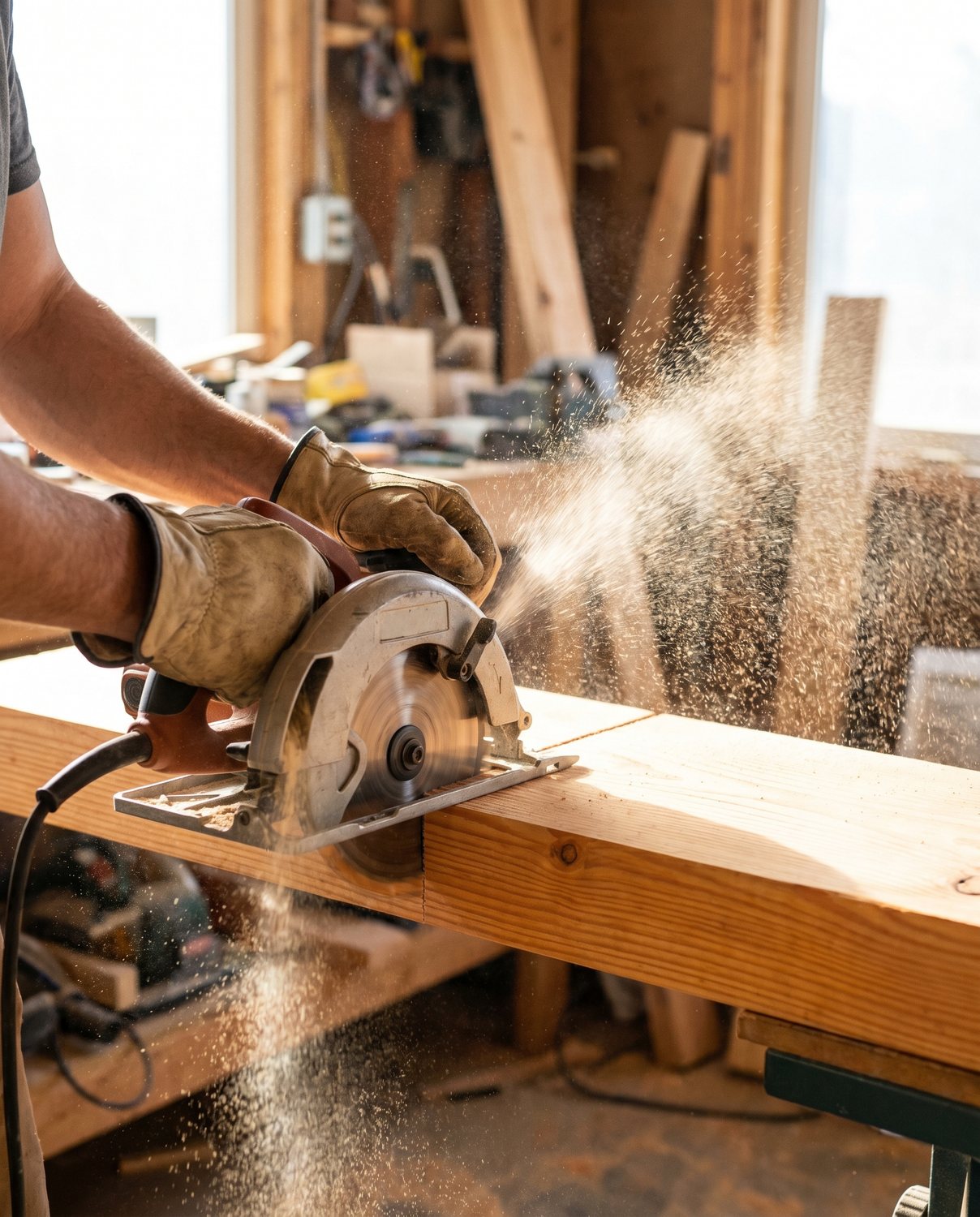 Hands using a circular saw on timber with sawdust