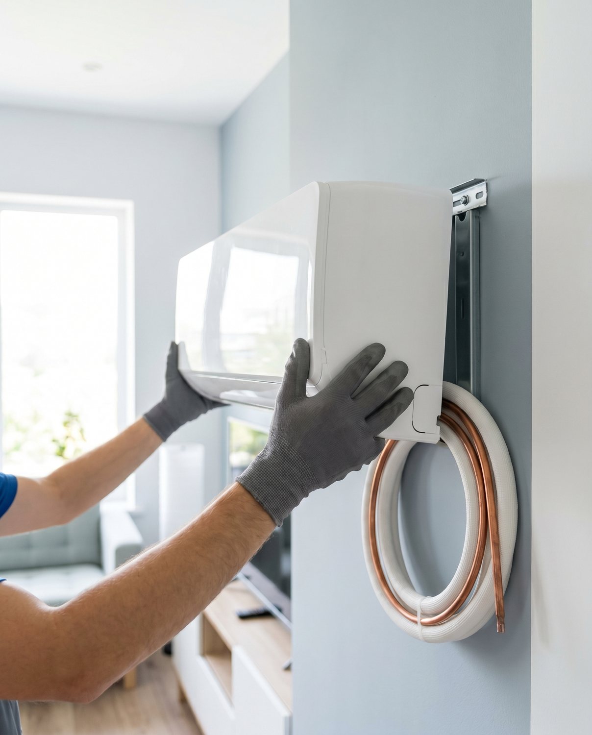 A wall-mounted split-system air-conditioner head being installed