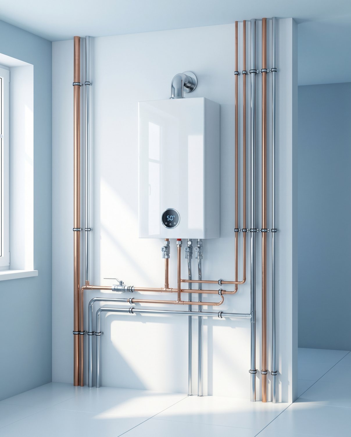 A tidy new wall-mounted hot water unit after installation