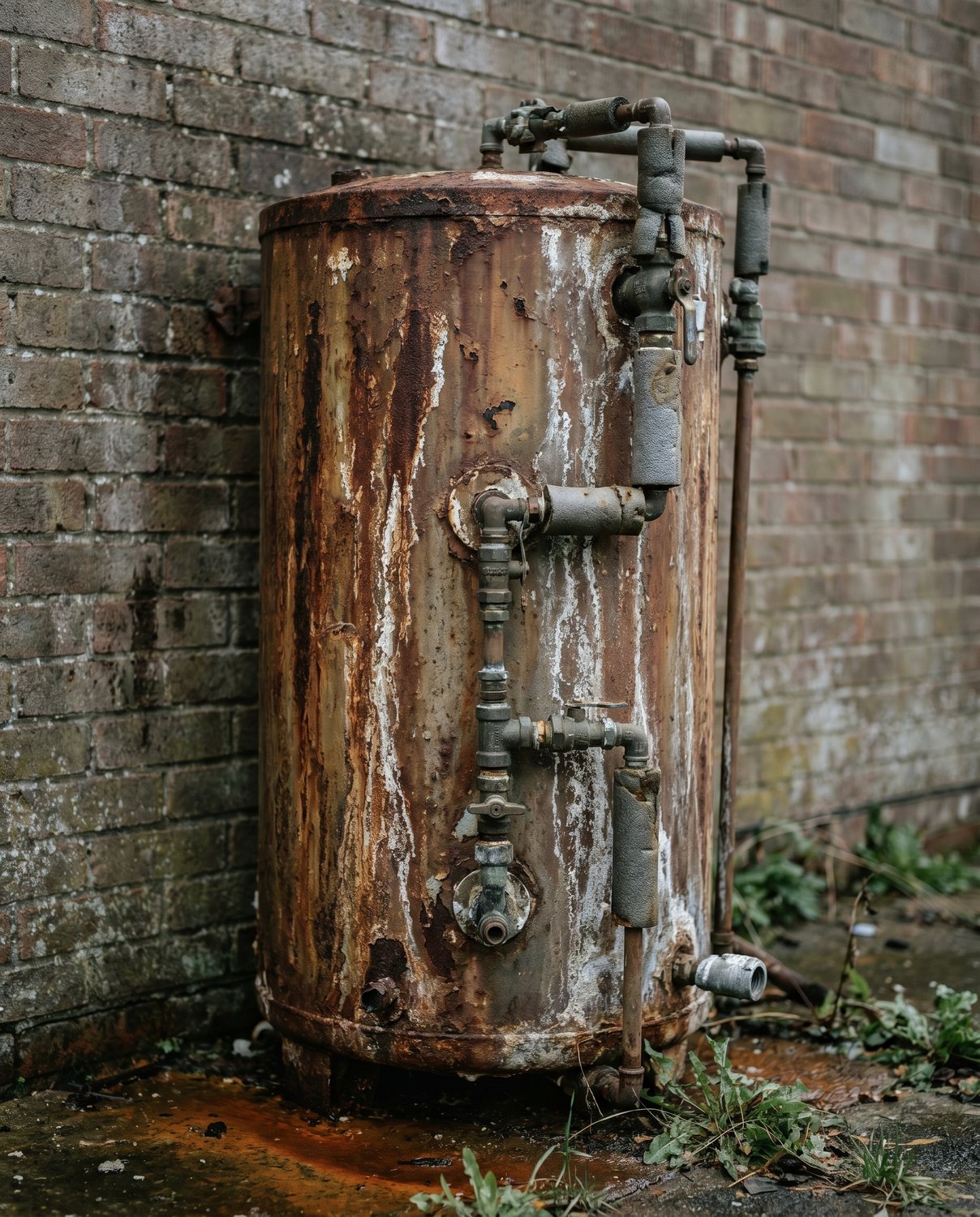 An old, rusty, corroded hot water tank before replacement