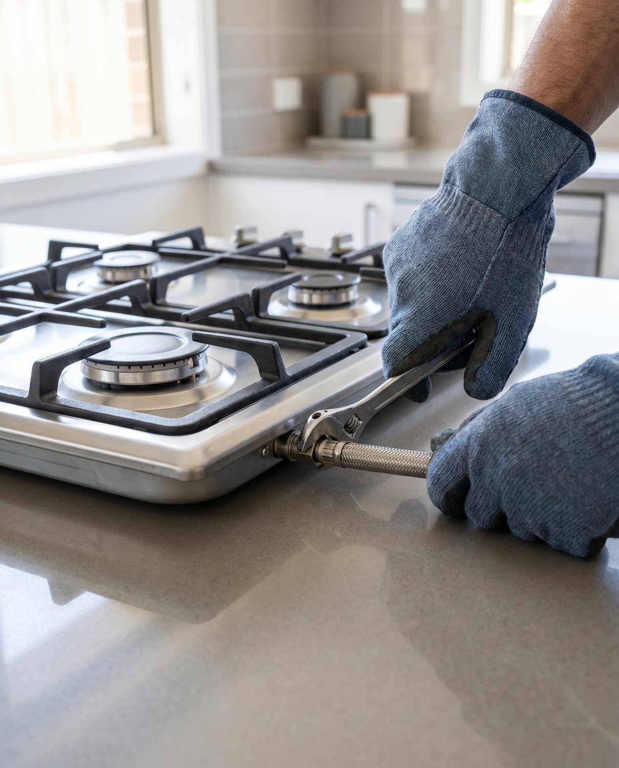 Hands connecting a stainless steel gas cooktop