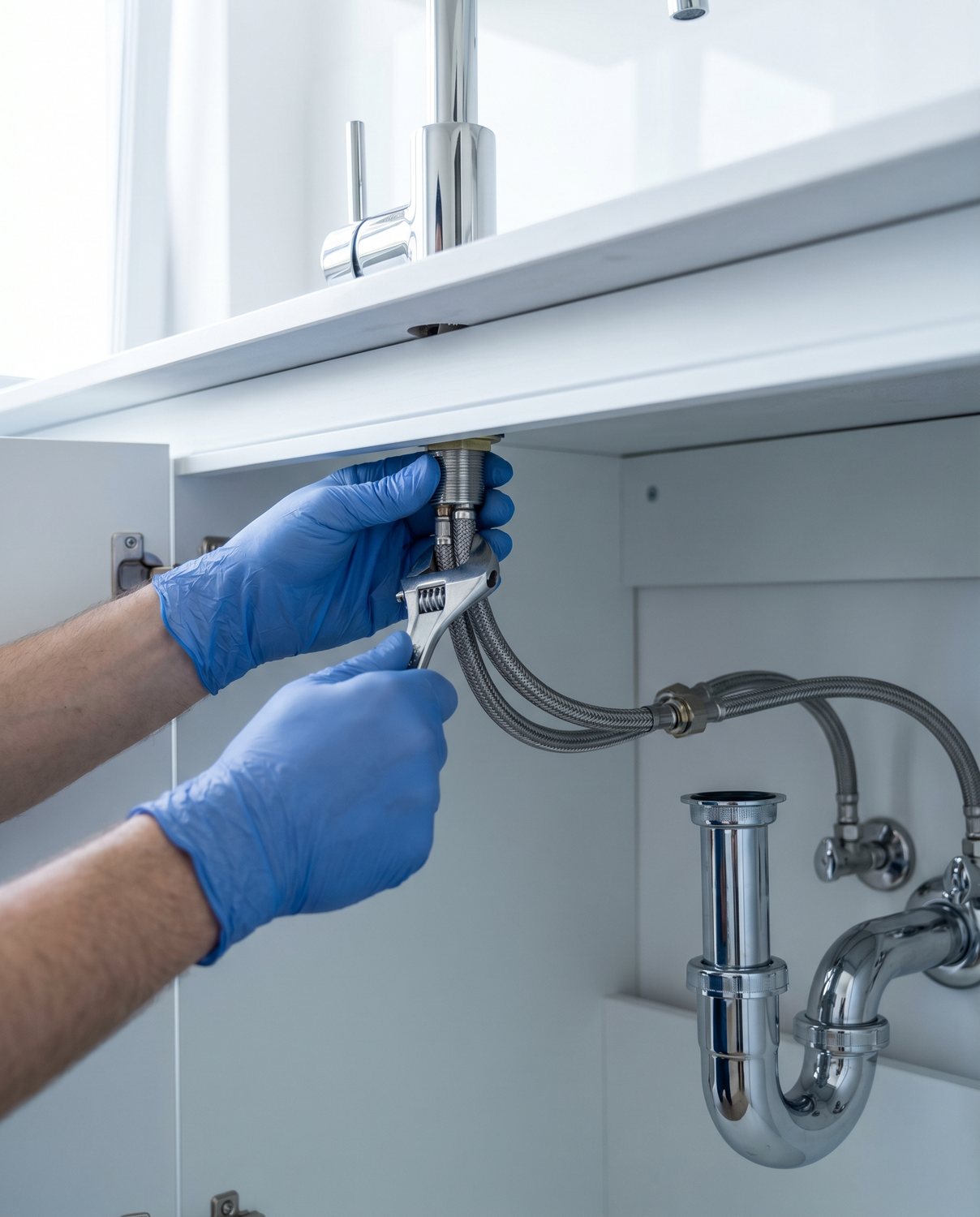 Hands fitting a chrome mixer tap under a sink