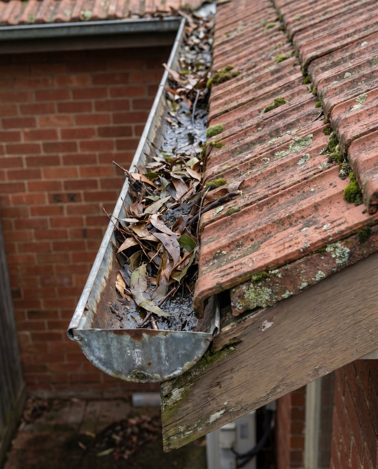 A leaf-clogged gutter on a Perth tile roof