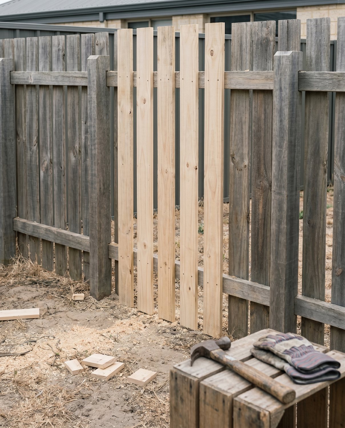 A replaced fence paling section
