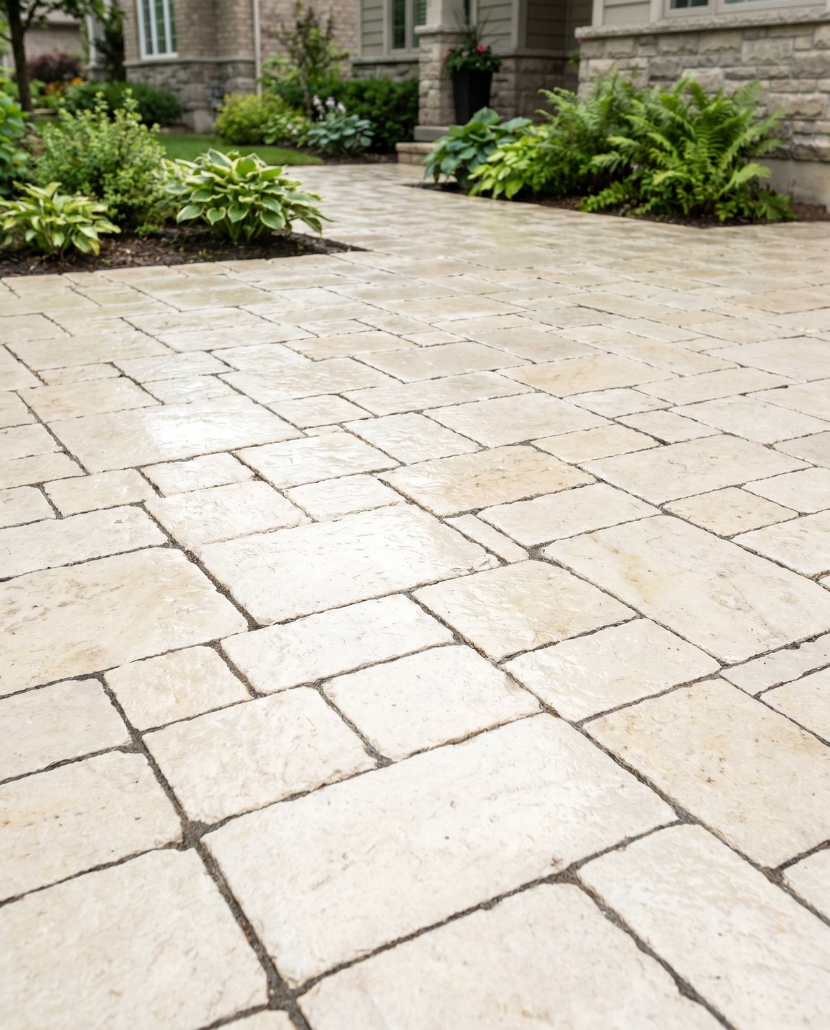 The same limestone driveway after pressure cleaning, colour restored