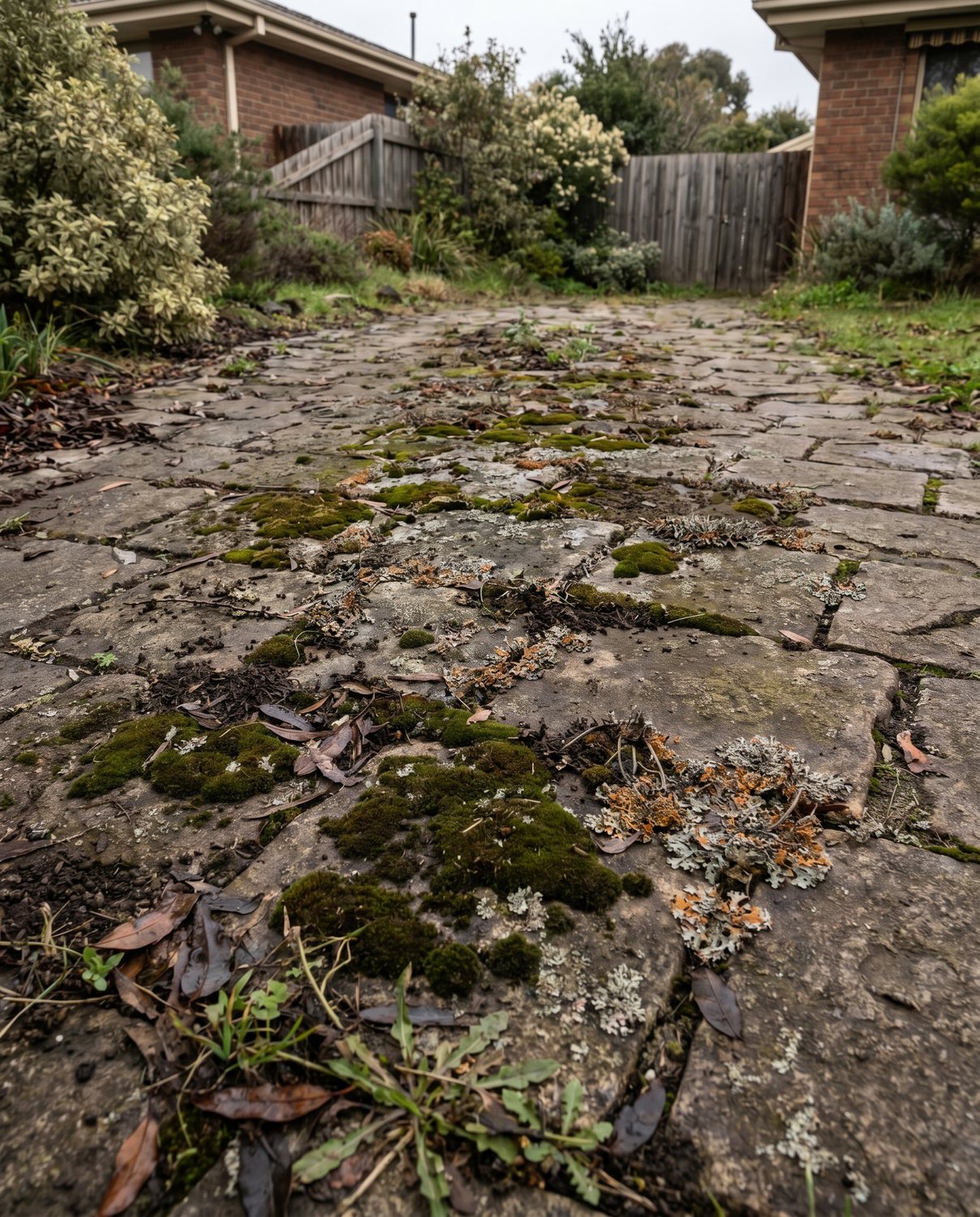 A grey, weathered limestone driveway before pressure cleaning