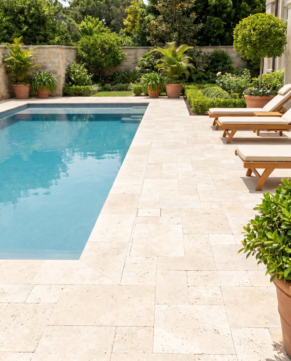 A clean travertine pool surround