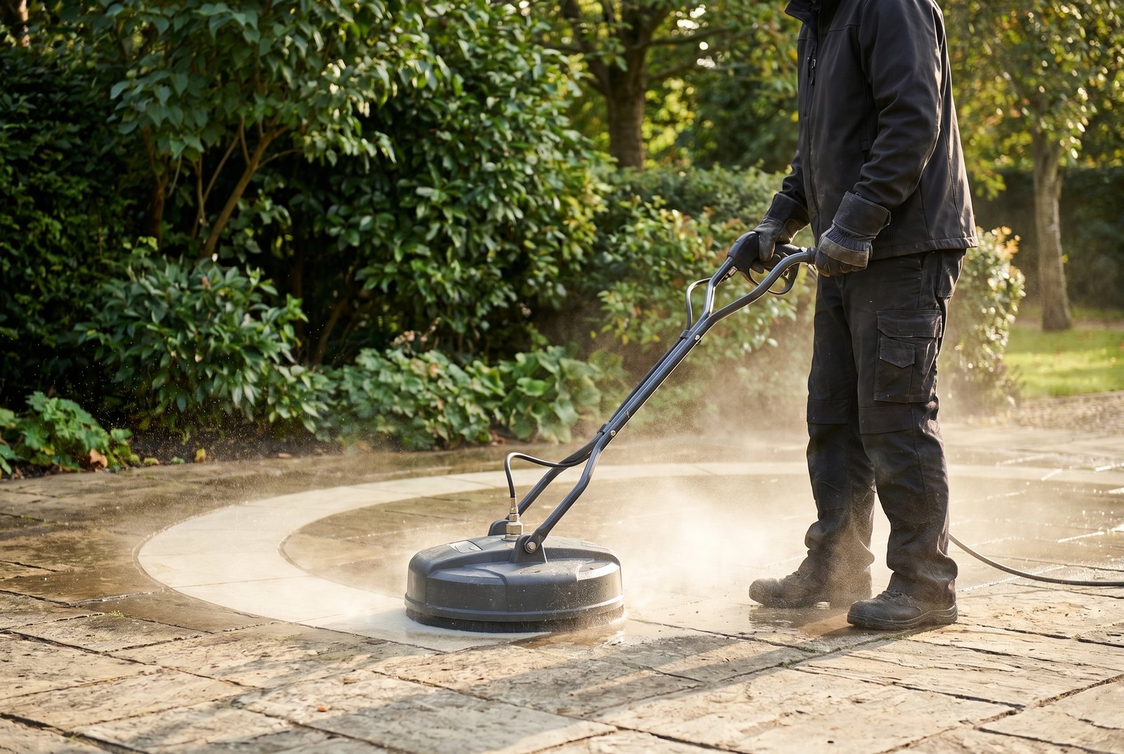An operator pressure cleaning a driveway with a surface cleaner