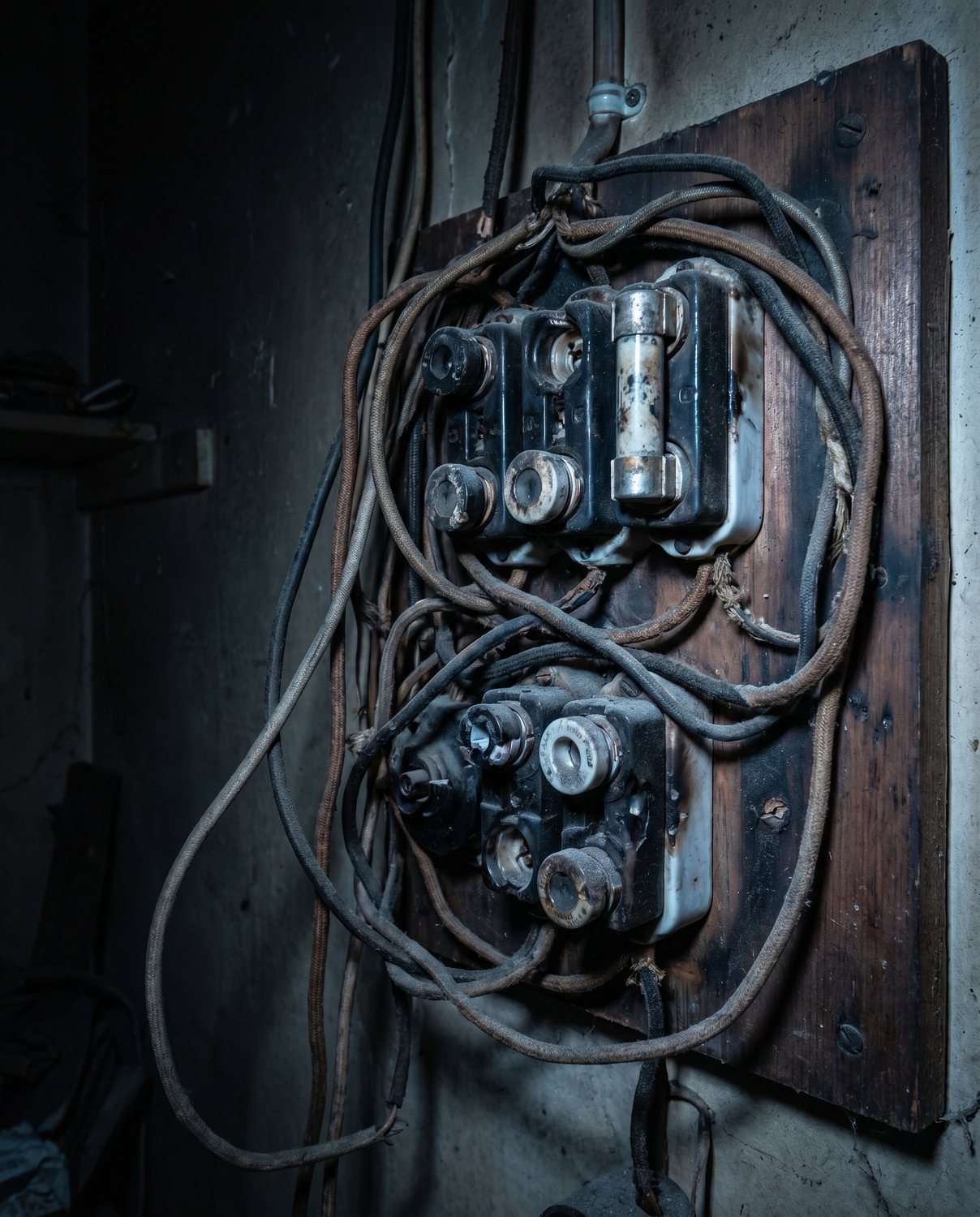An old, messy ceramic fuse box before upgrade
