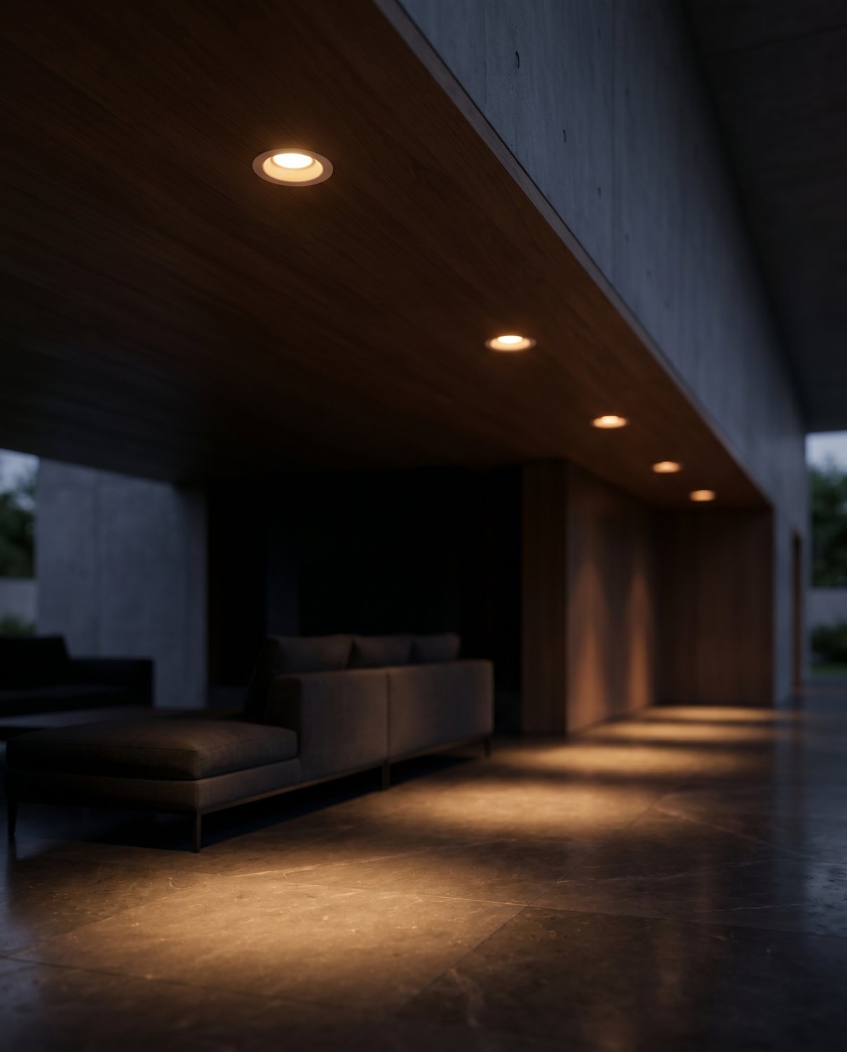 Recessed LED downlights installed in a ceiling