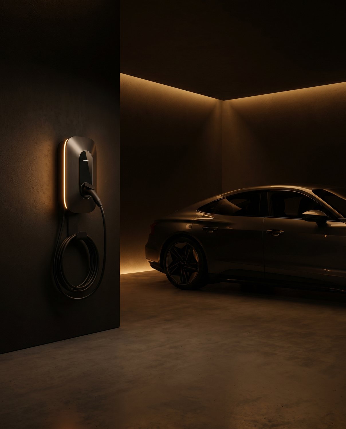 A wall-mounted home EV charger installed in a garage