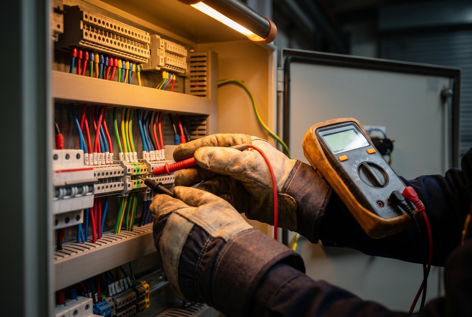 An electrician testing a circuit with a multimeter